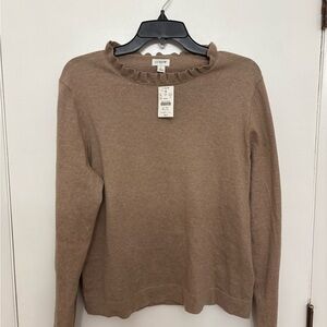 NWT J.Crew Factory Cotton Ruffleneck Sweater Hthr Mushroom color Women’s size L